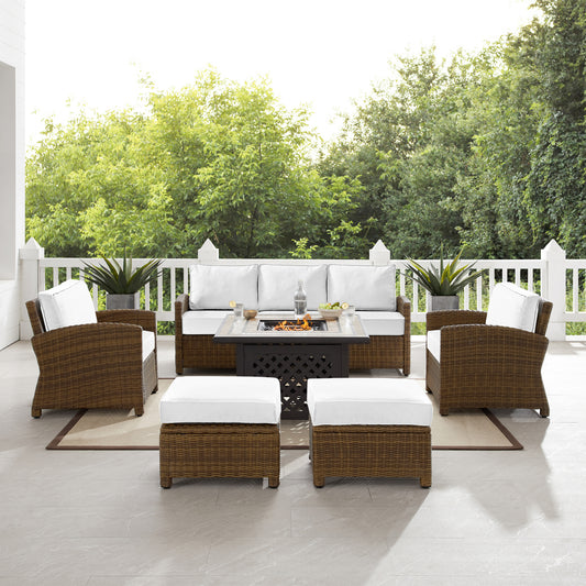 Bradenton 6Pc Outdoor Sofa Set W/Fire Table - Sunbrella White/Weathered Brown - Tucson Fire Table, Sofa, 2 Armchairs & 2 Ottomans