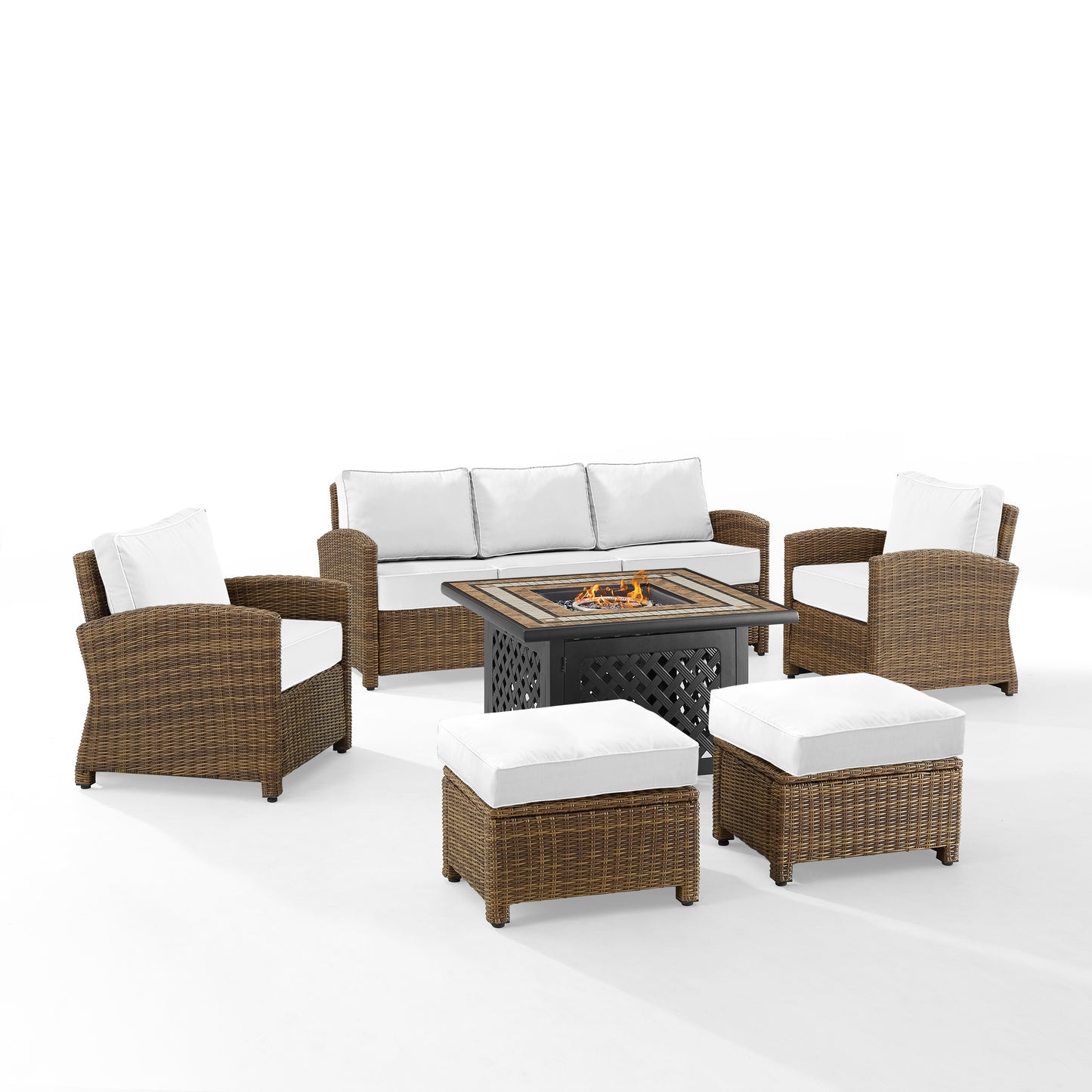 Bradenton 6Pc Outdoor Sofa Set W/Fire Table - Sunbrella White/Weathered Brown - Tucson Fire Table, Sofa, 2 Armchairs & 2 Ottomans