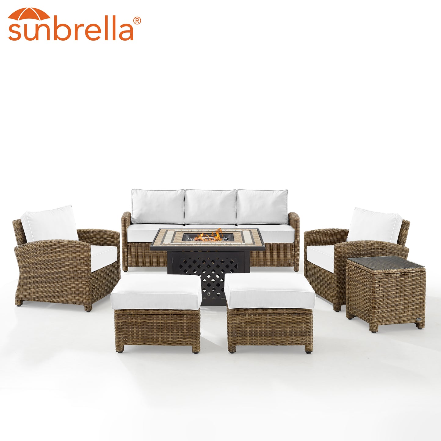 Bradenton 6Pc Outdoor Sofa Set W/Fire Table - Sunbrella White/Weathered Brown - Tucson Fire Table, Sofa, 2 Armchairs & 2 Ottomans