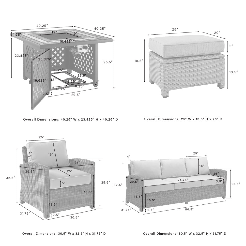 Bradenton 6Pc Outdoor Sofa Set W/Fire Table - Sunbrella White/Weathered Brown - Tucson Fire Table, Sofa, 2 Armchairs & 2 Ottomans