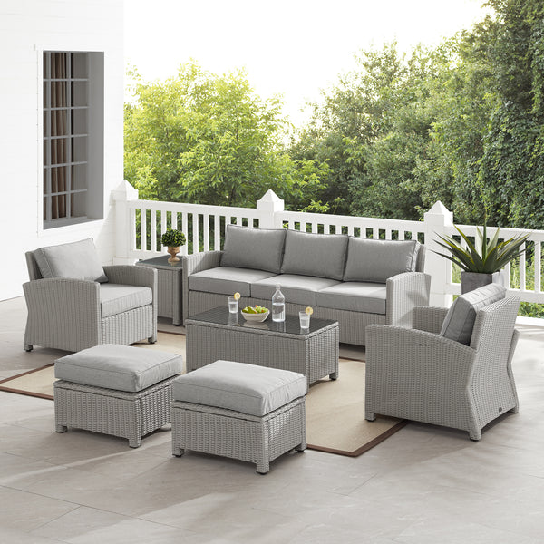 Bradenton 7Pc Outdoor Wicker Sofa Set Gray - Sofa, Coffee Table, Side Table, 2 Armchairs & 2 Ottomans