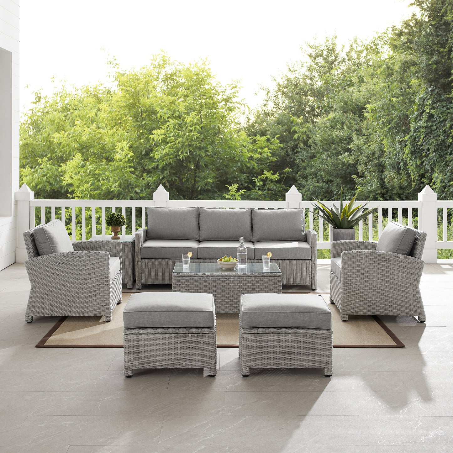 Bradenton 7Pc Outdoor Wicker Sofa Set Gray - Sofa, Coffee Table, Side Table, 2 Armchairs & 2 Ottomans