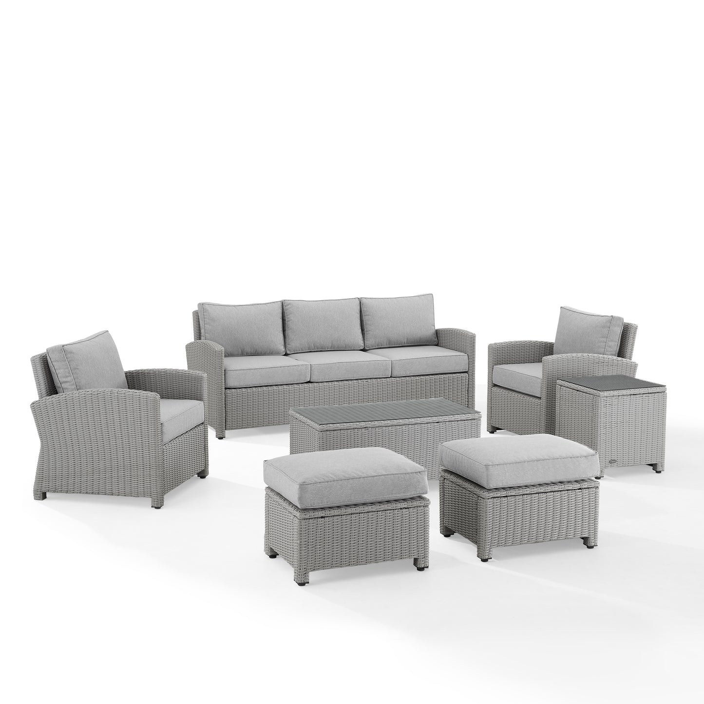 Bradenton 7Pc Outdoor Wicker Sofa Set Gray - Sofa, Coffee Table, Side Table, 2 Armchairs & 2 Ottomans