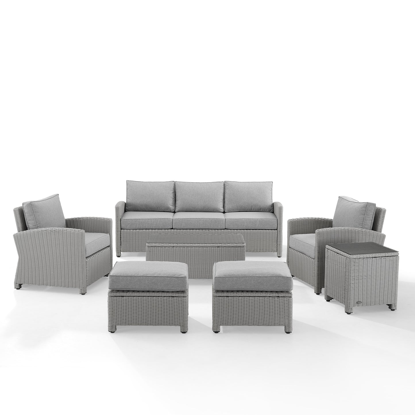 Bradenton 7Pc Outdoor Wicker Sofa Set Gray - Sofa, Coffee Table, Side Table, 2 Armchairs & 2 Ottomans