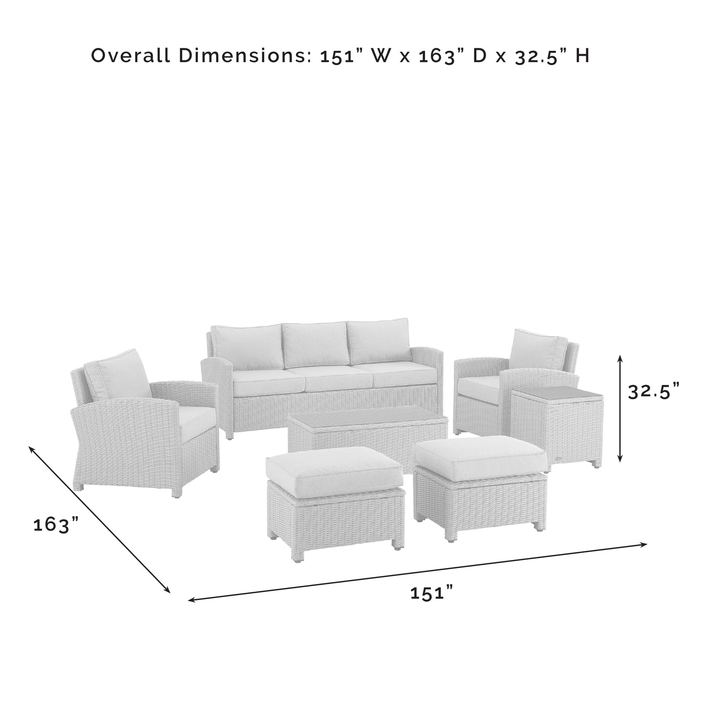 Bradenton 7Pc Outdoor Wicker Sofa Set Gray - Sofa, Coffee Table, Side Table, 2 Armchairs & 2 Ottomans