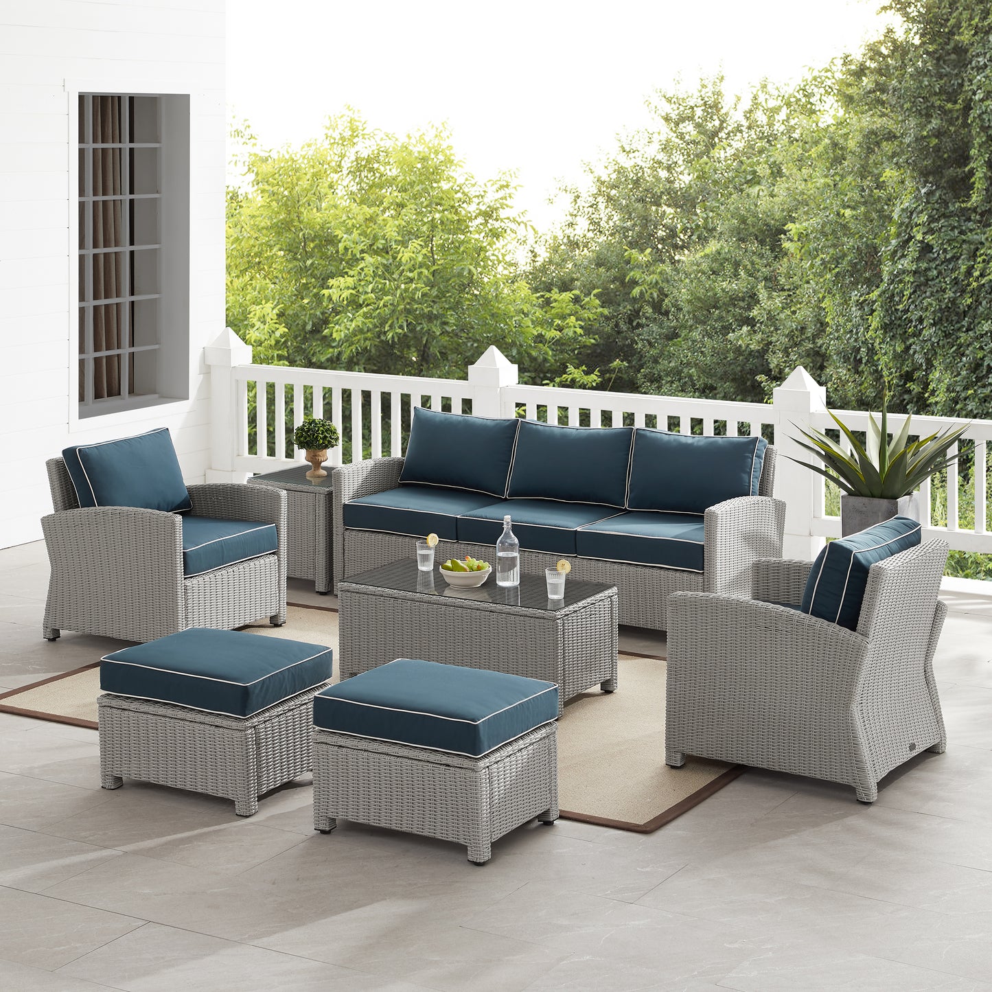 Bradenton 7Pc Outdoor Wicker Sofa Set Navy/Gray - Sofa, Coffee Table, Side Table, 2 Armchairs & 2 Ottomans