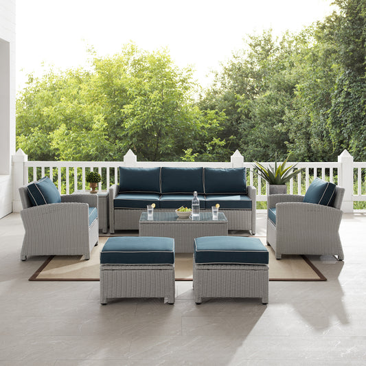 Bradenton 7Pc Outdoor Wicker Sofa Set Navy/Gray - Sofa, Coffee Table, Side Table, 2 Armchairs & 2 Ottomans