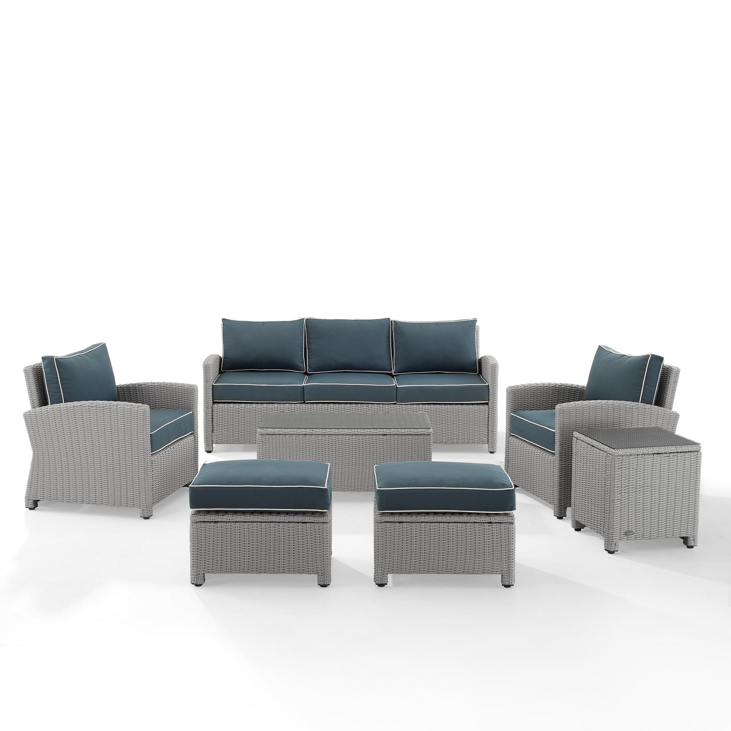 Bradenton 7Pc Outdoor Wicker Sofa Set Navy/Gray - Sofa, Coffee Table, Side Table, 2 Armchairs & 2 Ottomans