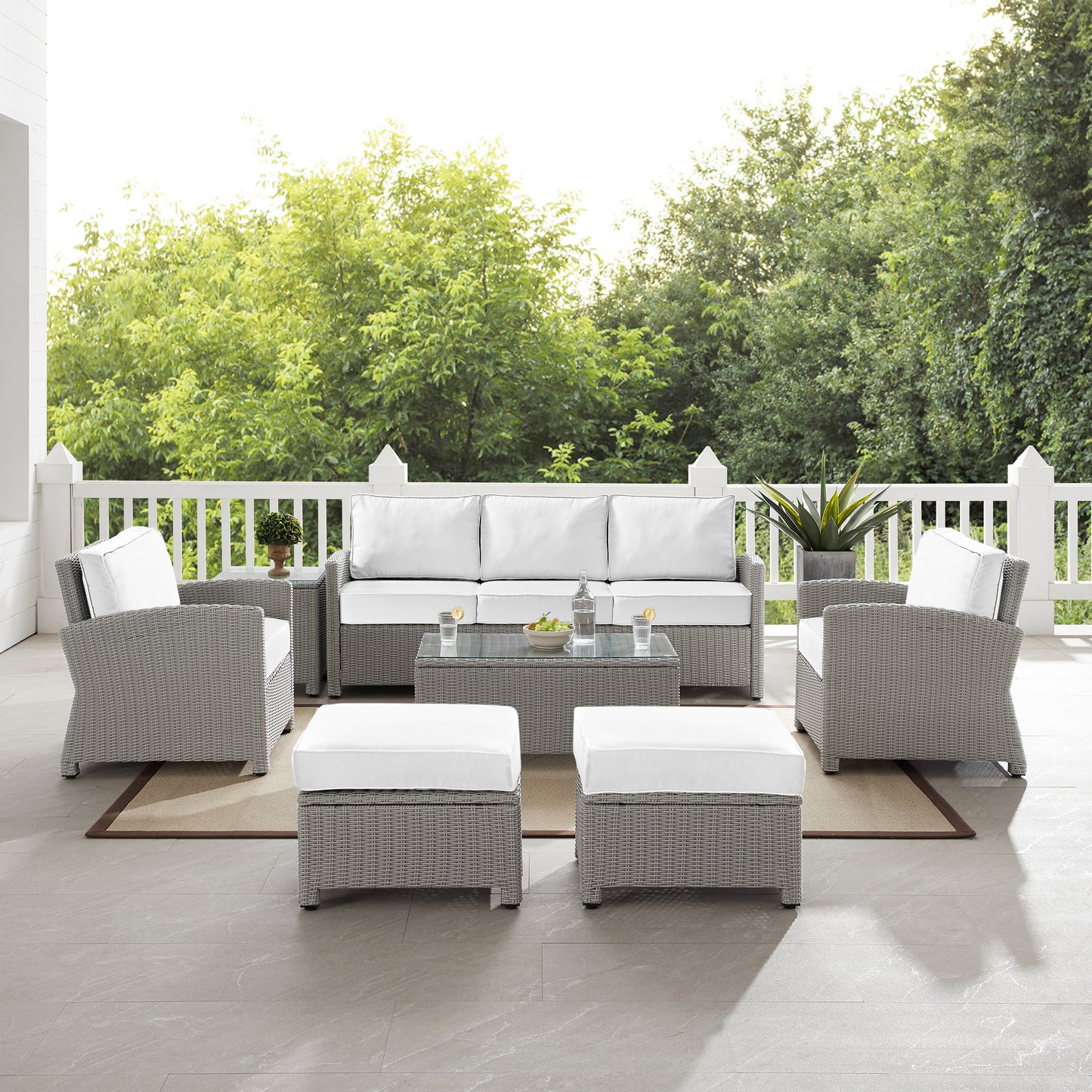 Bradenton 7Pc Outdoor Wicker Sofa Set - Sunbrella White/Gray - Sofa, Coffee Table, Side Table, 2 Armchairs & 2 Ottomans