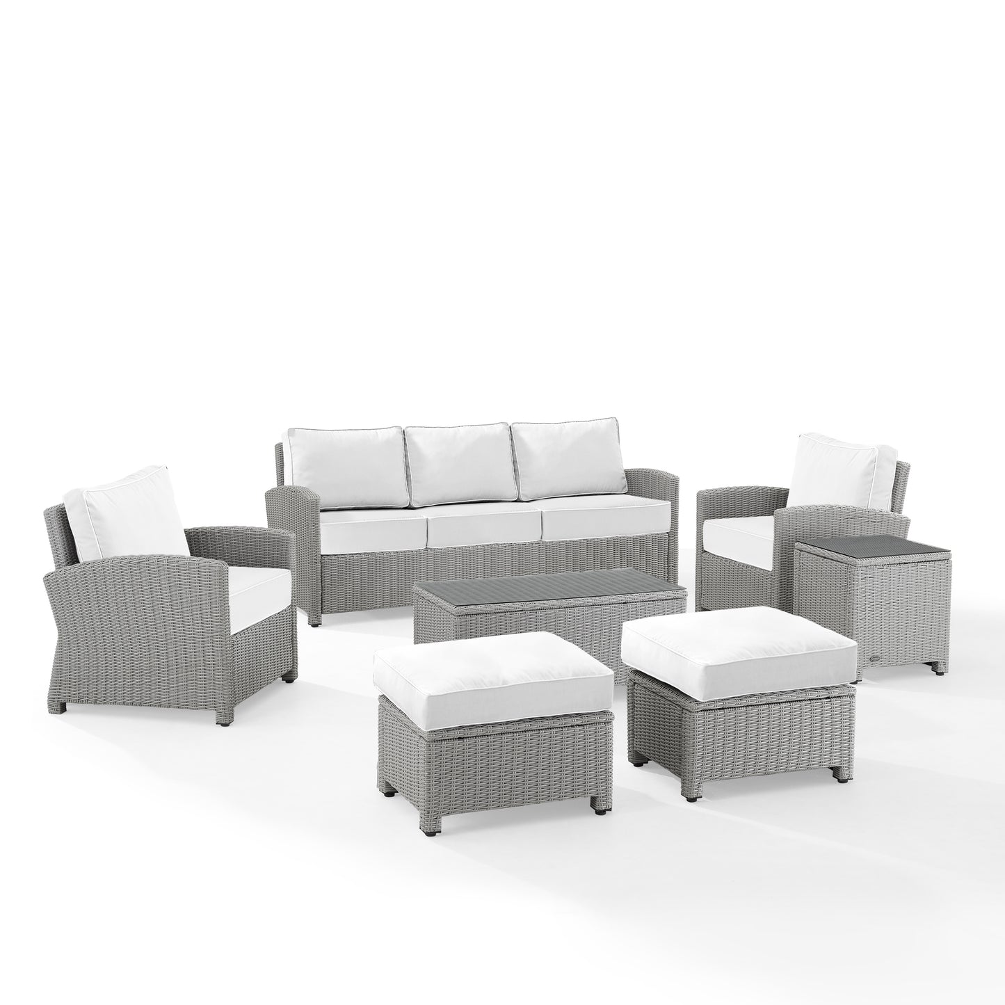 Bradenton 7Pc Outdoor Wicker Sofa Set - Sunbrella White/Gray - Sofa, Coffee Table, Side Table, 2 Armchairs & 2 Ottomans