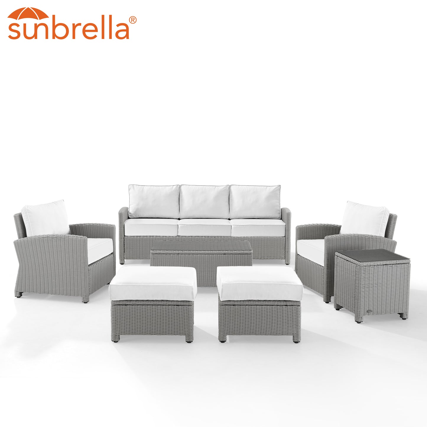 Bradenton 7Pc Outdoor Wicker Sofa Set - Sunbrella White/Gray - Sofa, Coffee Table, Side Table, 2 Armchairs & 2 Ottomans