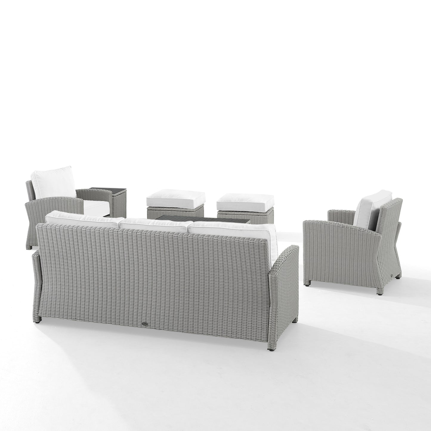 Bradenton 7Pc Outdoor Wicker Sofa Set - Sunbrella White/Gray - Sofa, Coffee Table, Side Table, 2 Armchairs & 2 Ottomans