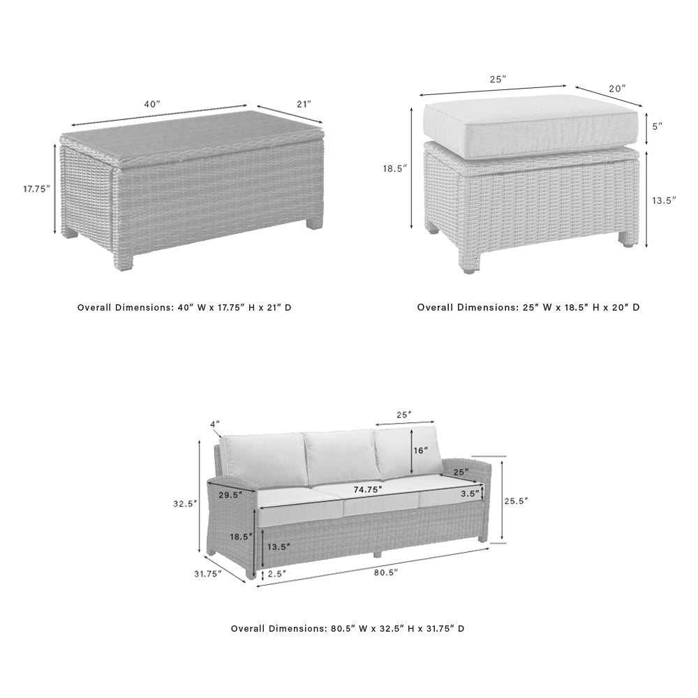 Bradenton 7Pc Outdoor Wicker Sofa Set - Sunbrella White/Gray - Sofa, Coffee Table, Side Table, 2 Armchairs & 2 Ottomans