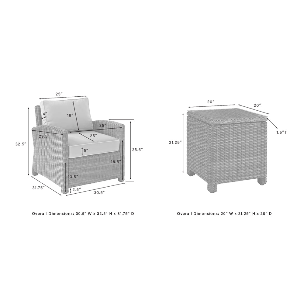 Bradenton 7Pc Outdoor Wicker Sofa Set - Sunbrella White/Gray - Sofa, Coffee Table, Side Table, 2 Armchairs & 2 Ottomans