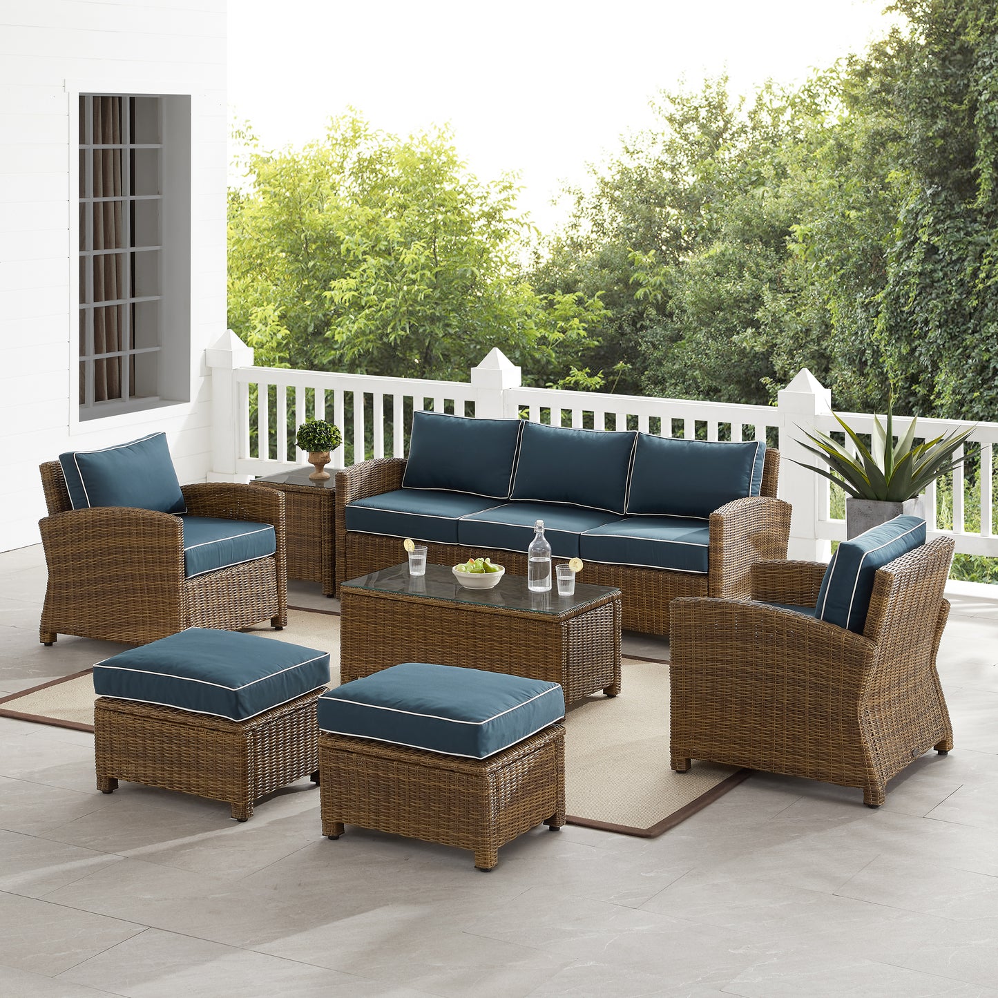 Bradenton 7Pc Outdoor Wicker Sofa Set Navy/Weathered Brown - Sofa, Coffee Table, Side Table, 2 Armchairs & 2 Ottomans