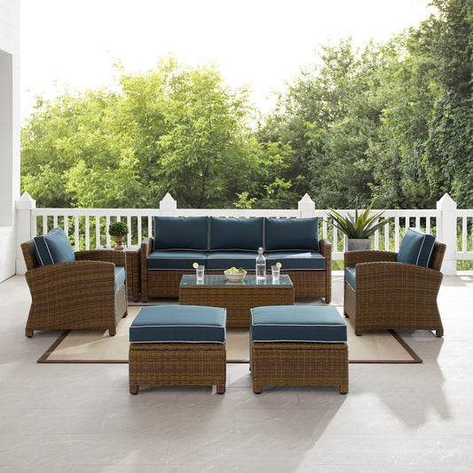 Bradenton 7Pc Outdoor Wicker Sofa Set Navy/Weathered Brown - Sofa, Coffee Table, Side Table, 2 Armchairs & 2 Ottomans