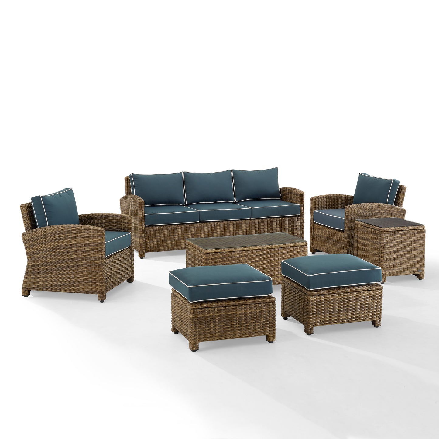 Bradenton 7Pc Outdoor Wicker Sofa Set Navy/Weathered Brown - Sofa, Coffee Table, Side Table, 2 Armchairs & 2 Ottomans