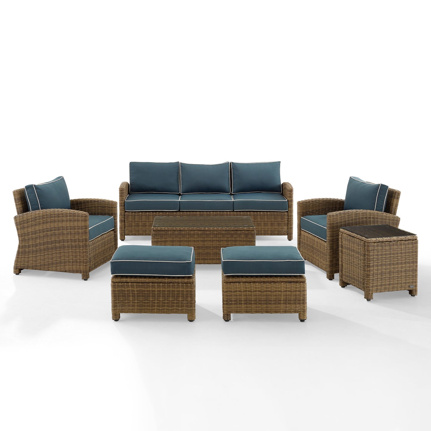 Bradenton 7Pc Outdoor Wicker Sofa Set Navy/Weathered Brown - Sofa, Coffee Table, Side Table, 2 Armchairs & 2 Ottomans