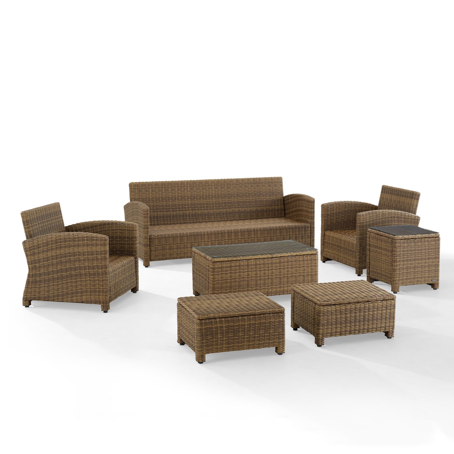 Bradenton 7Pc Outdoor Wicker Sofa Set Navy/Weathered Brown - Sofa, Coffee Table, Side Table, 2 Armchairs & 2 Ottomans