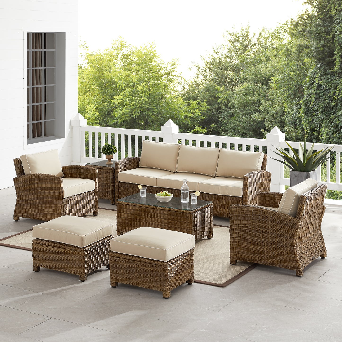 Bradenton 7Pc Outdoor Wicker Sofa Set Sand/Weathered Brown - Sofa, Coffee Table, Side Table, 2 Armchairs & 2 Ottomans