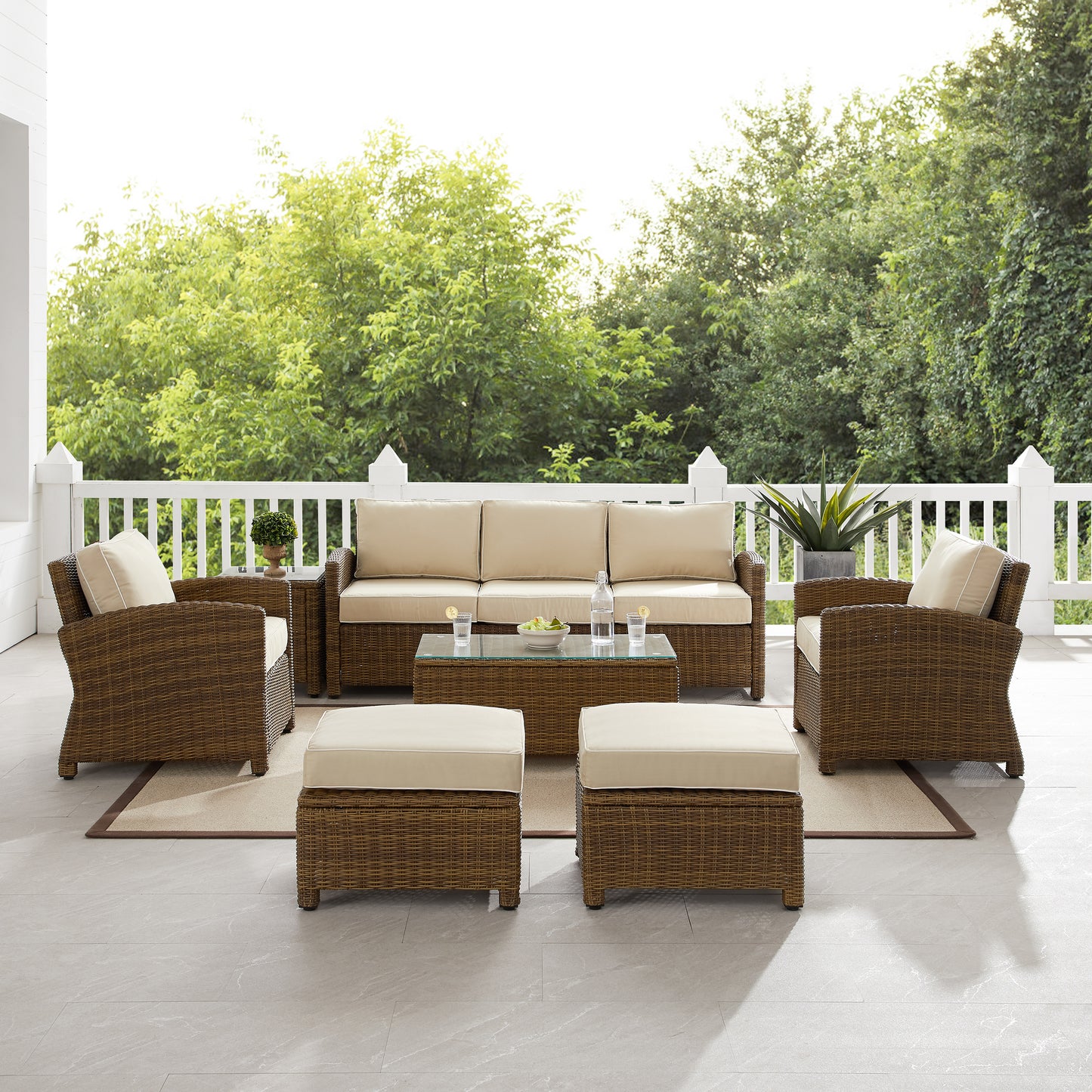 Bradenton 7Pc Outdoor Wicker Sofa Set Sand/Weathered Brown - Sofa, Coffee Table, Side Table, 2 Armchairs & 2 Ottomans