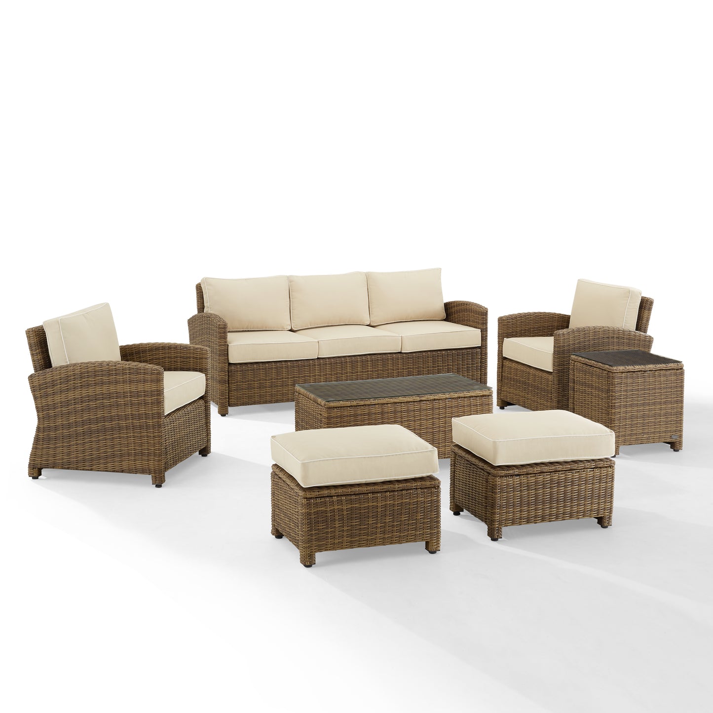 Bradenton 7Pc Outdoor Wicker Sofa Set Sand/Weathered Brown - Sofa, Coffee Table, Side Table, 2 Armchairs & 2 Ottomans