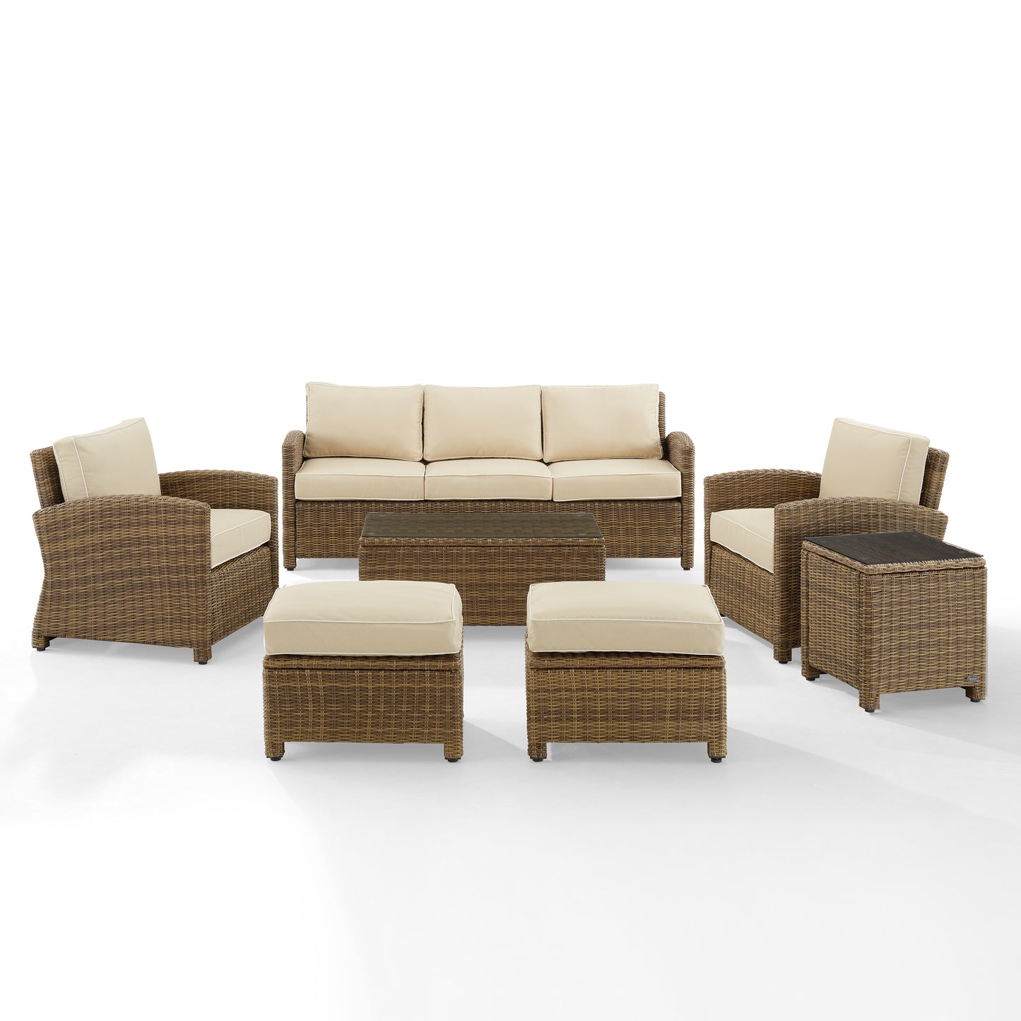 Bradenton 7Pc Outdoor Wicker Sofa Set Sand/Weathered Brown - Sofa, Coffee Table, Side Table, 2 Armchairs & 2 Ottomans