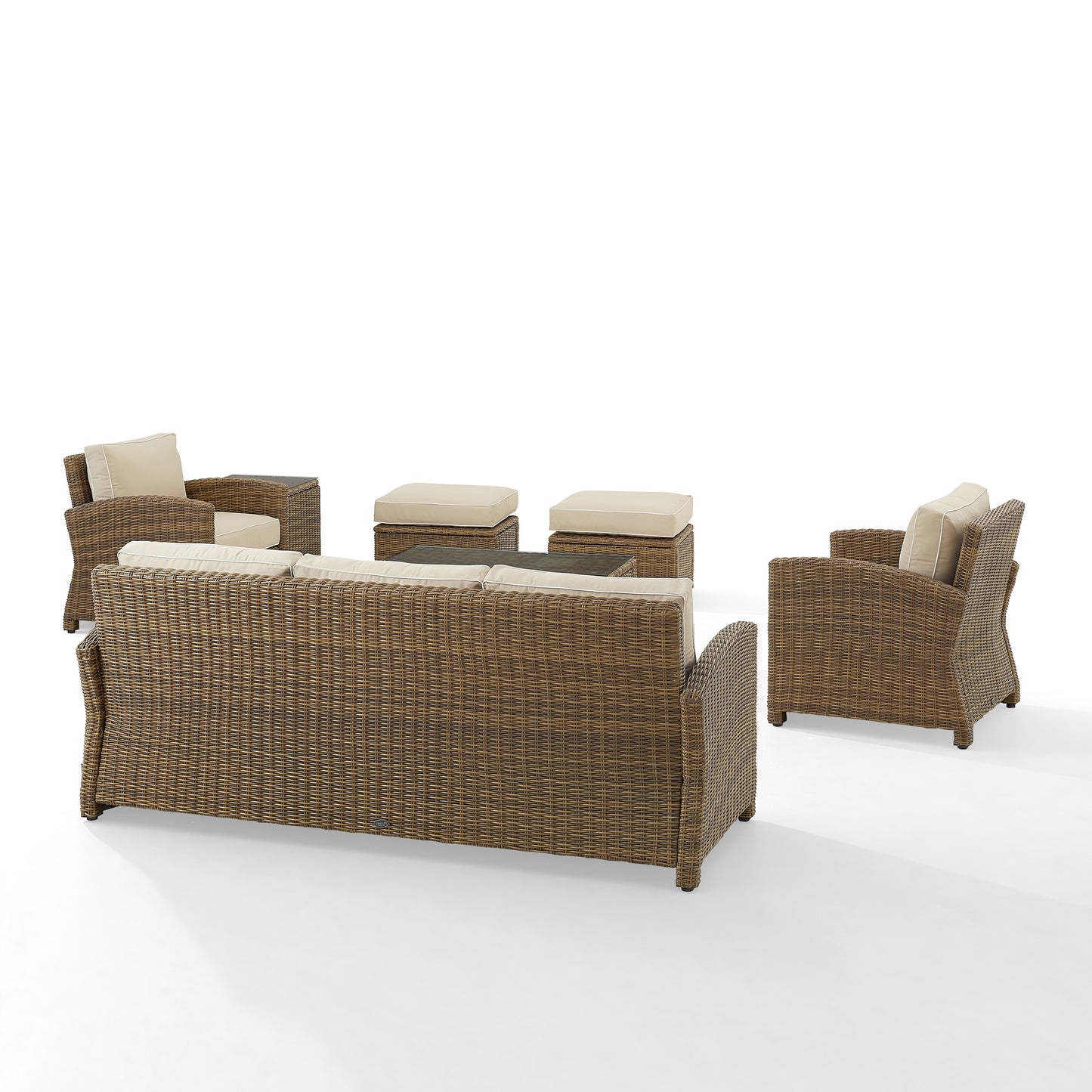 Bradenton 7Pc Outdoor Wicker Sofa Set Sand/Weathered Brown - Sofa, Coffee Table, Side Table, 2 Armchairs & 2 Ottomans