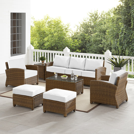 Bradenton 7Pc Outdoor Wicker Sofa Set - Sunbrella White/Weathered Brown - Sofa, Coffee Table, Side Table, 2 Armchairs & 2 Ottomans