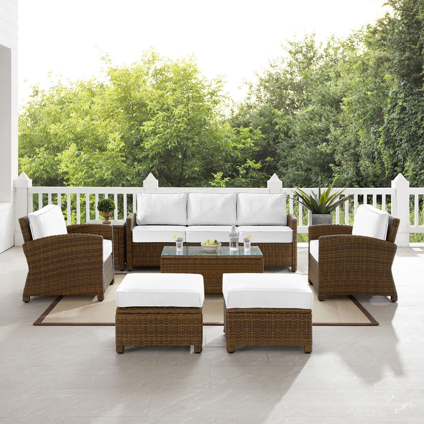 Bradenton 7Pc Outdoor Wicker Sofa Set - Sunbrella White/Weathered Brown - Sofa, Coffee Table, Side Table, 2 Armchairs & 2 Ottomans