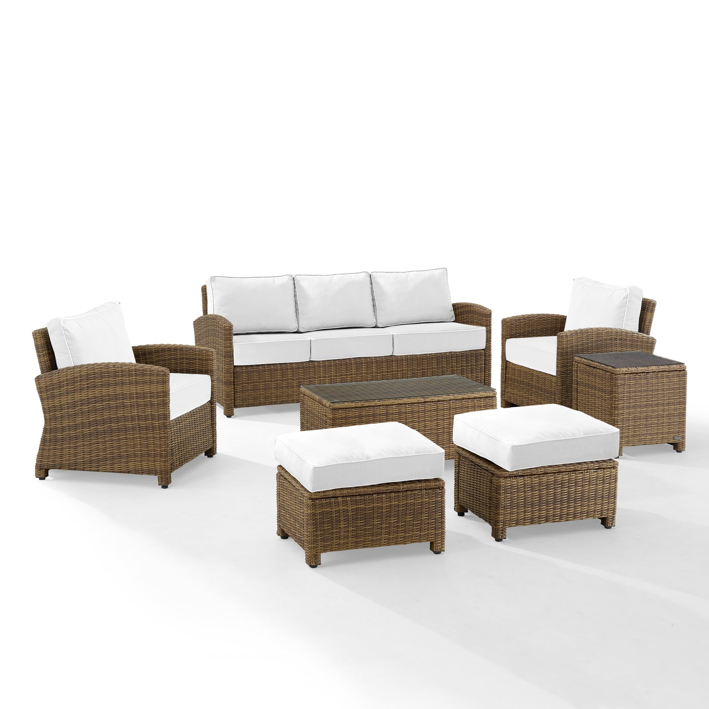 Bradenton 7Pc Outdoor Wicker Sofa Set - Sunbrella White/Weathered Brown - Sofa, Coffee Table, Side Table, 2 Armchairs & 2 Ottomans