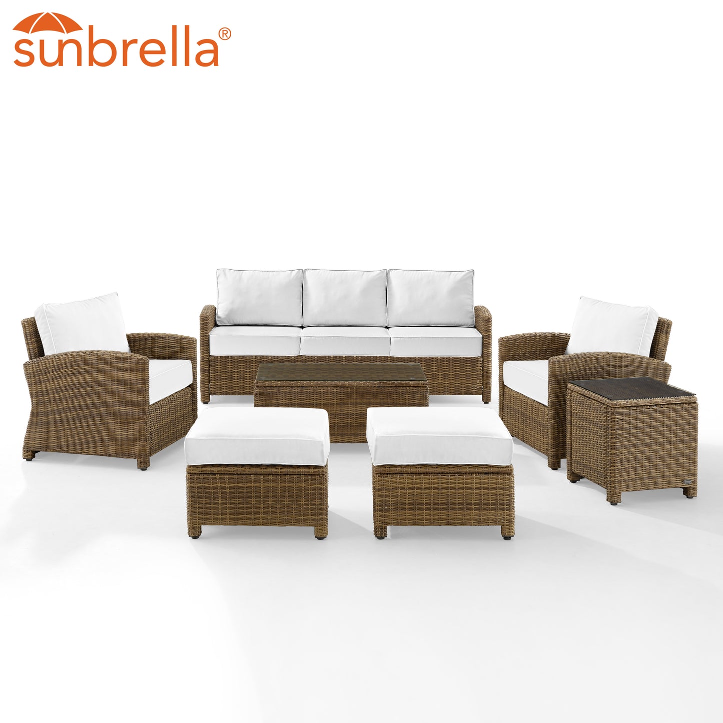 Bradenton 7Pc Outdoor Wicker Sofa Set - Sunbrella White/Weathered Brown - Sofa, Coffee Table, Side Table, 2 Armchairs & 2 Ottomans