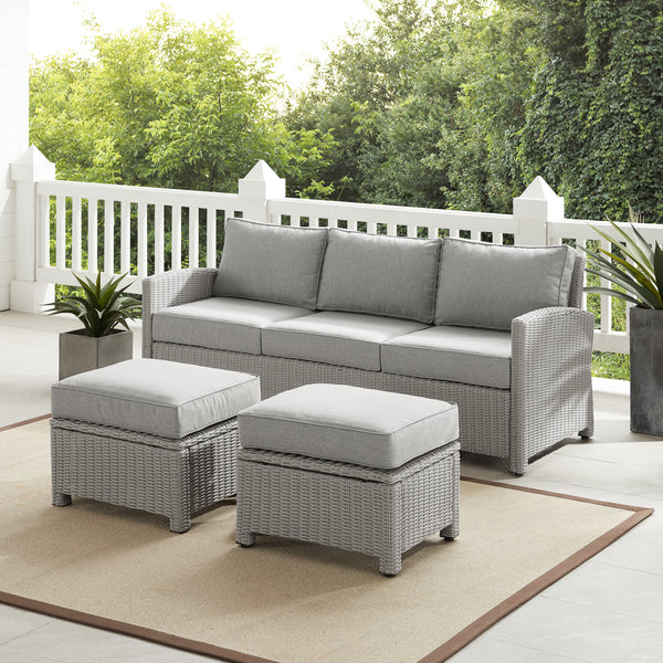 Bradenton 3Pc Outdoor Wicker Sofa Set Gray - Sofa & 2 Ottomans