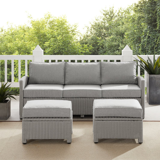 Bradenton 3Pc Outdoor Wicker Sofa Set Gray - Sofa & 2 Ottomans