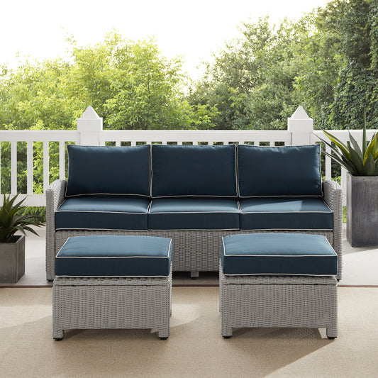 Bradenton 3Pc Outdoor Wicker Sofa Set Navy/Gray - Sofa & 2 Ottomans