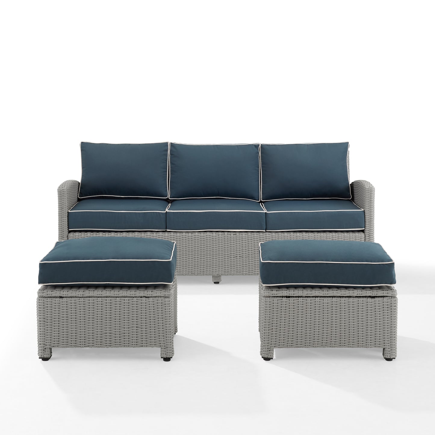 Bradenton 3Pc Outdoor Wicker Sofa Set Navy/Gray - Sofa & 2 Ottomans