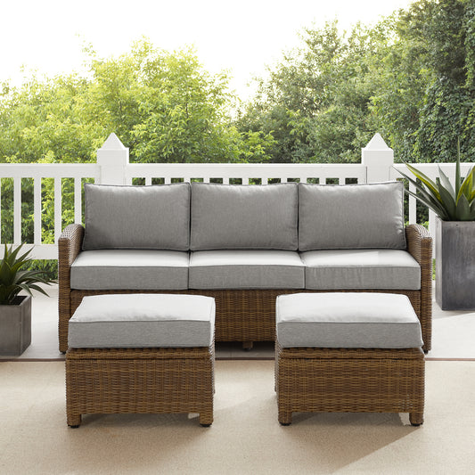 Bradenton 3Pc Outdoor Wicker Sofa Set Gray/Weathered Brown - Sofa & 2 Ottomans