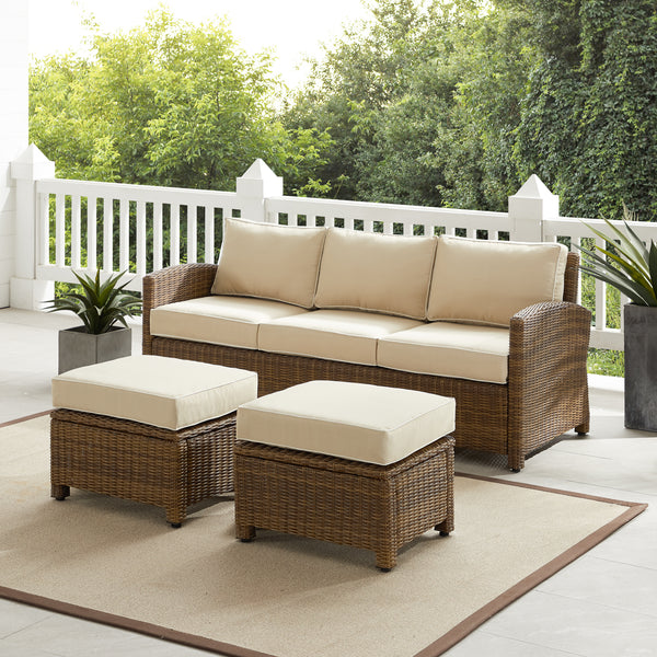 Bradenton 3Pc Outdoor Wicker Sofa Set Sand/Weathered Brown - Sofa & 2 Ottomans