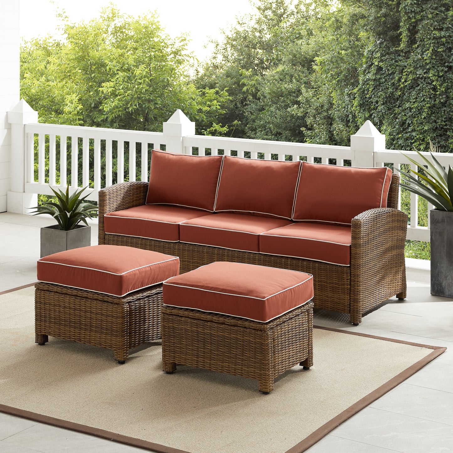 Bradenton 3Pc Outdoor Wicker Sofa Set Sangria/Weathered Brown - Sofa & 2 Ottomans