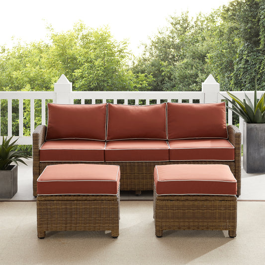 Bradenton 3Pc Outdoor Wicker Sofa Set Sangria/Weathered Brown - Sofa & 2 Ottomans