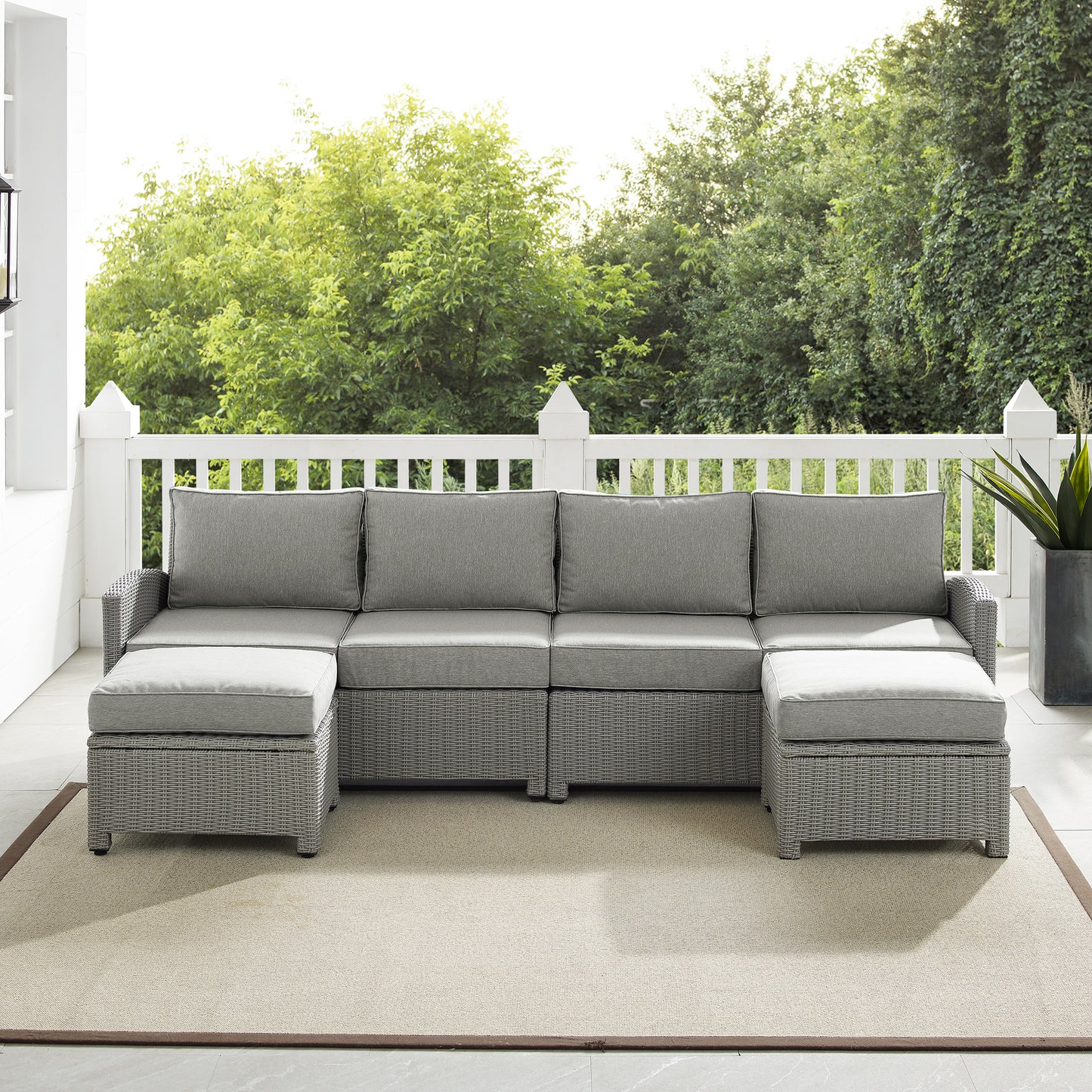 Bradenton 4Pc Outdoor Wicker Sectional Set Gray - Left Loveseat, Right Loveseat & 2 Ottomans