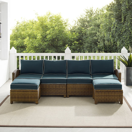 Bradenton 4Pc Outdoor Wicker Sectional Set Navy /Weathered Brown - Left Loveseat, Right Loveseat, & 2 Ottomans