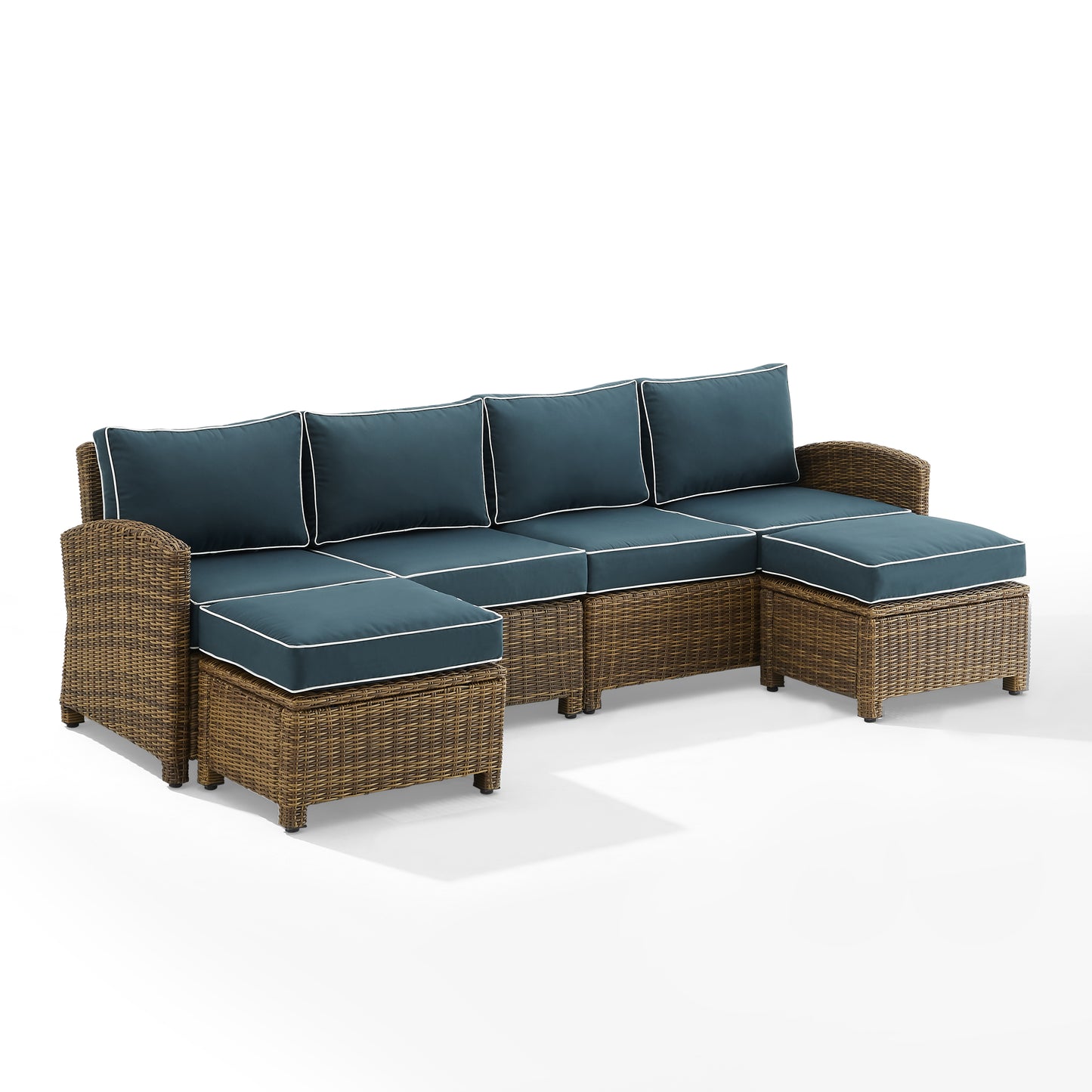 Bradenton 4Pc Outdoor Wicker Sectional Set Navy /Weathered Brown - Left Loveseat, Right Loveseat, & 2 Ottomans