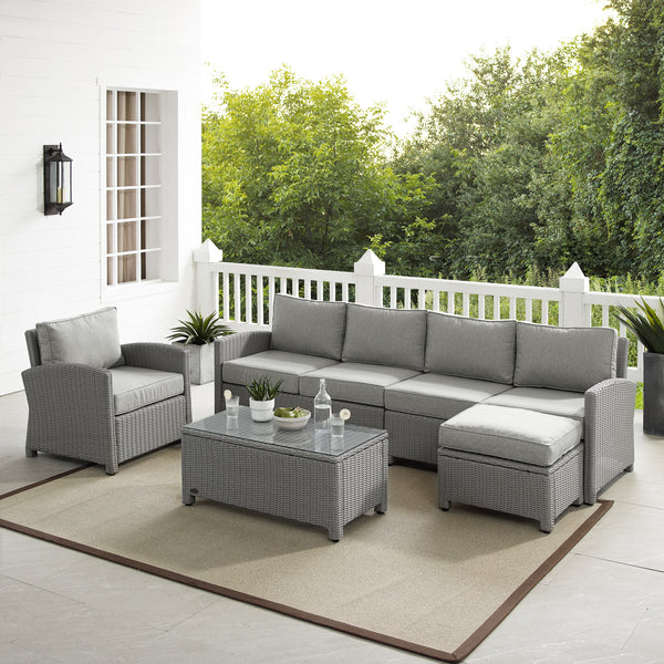 Bradenton 5Pc Outdoor Wicker Sectional Set Gray - Left Loveseat, Right Loveseat, Armchair, Coffee Table, & Ottoman