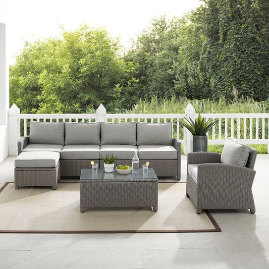 Bradenton 5Pc Outdoor Wicker Sectional Set Gray - Left Loveseat, Right Loveseat, Armchair, Coffee Table, & Ottoman