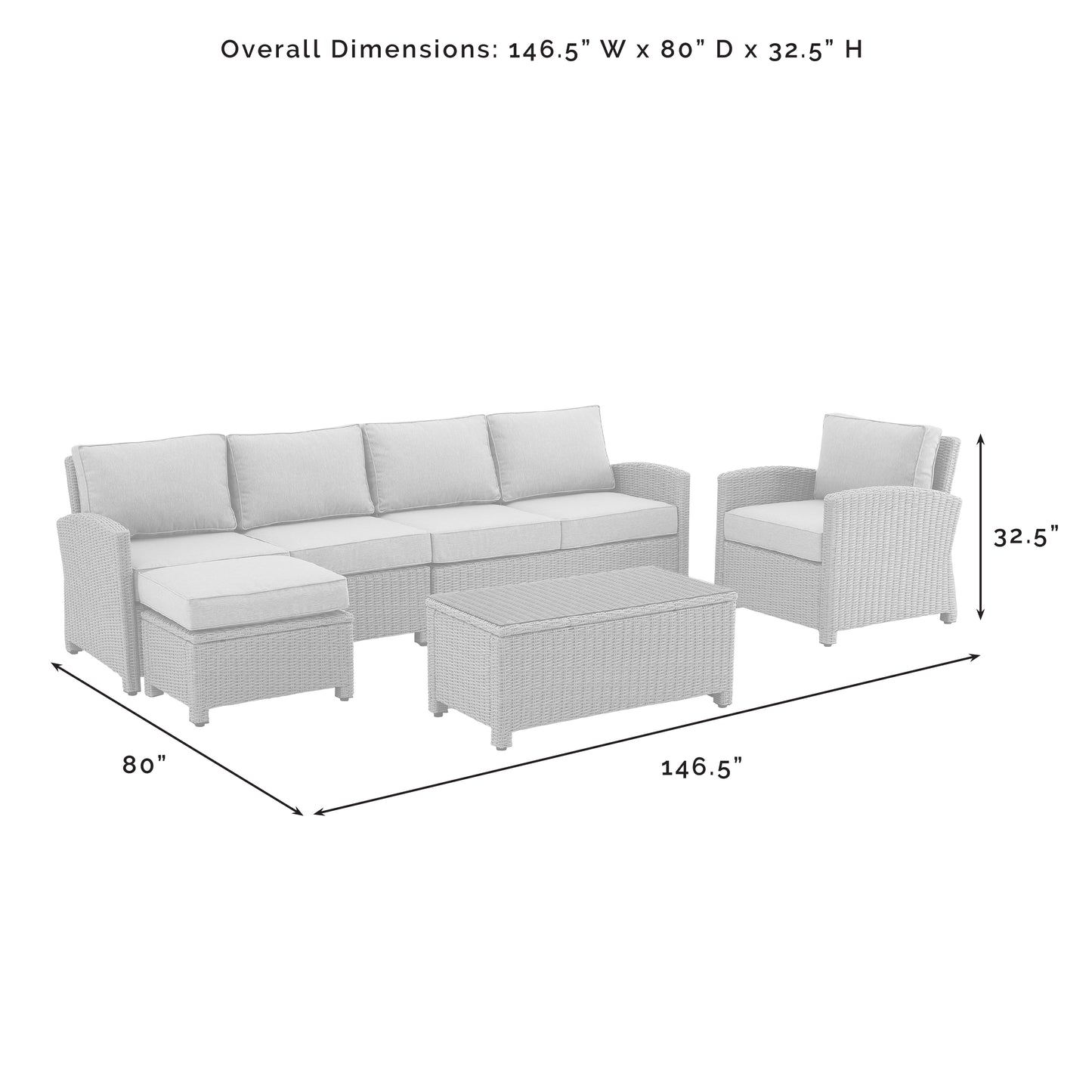 Bradenton 5Pc Outdoor Wicker Sectional Set Gray - Left Loveseat, Right Loveseat, Armchair, Coffee Table, & Ottoman