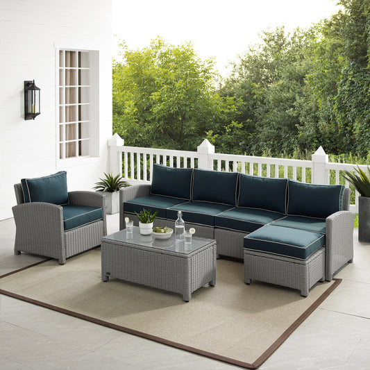 Bradenton 5Pc Outdoor Wicker Sectional Set Navy/Gray - Left Loveseat, Right Loveseat, Armchair, Coffee Table, & Ottoman