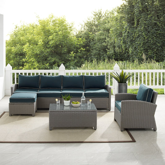 Bradenton 5Pc Outdoor Wicker Sectional Set Navy/Gray - Left Loveseat, Right Loveseat, Armchair, Coffee Table, & Ottoman