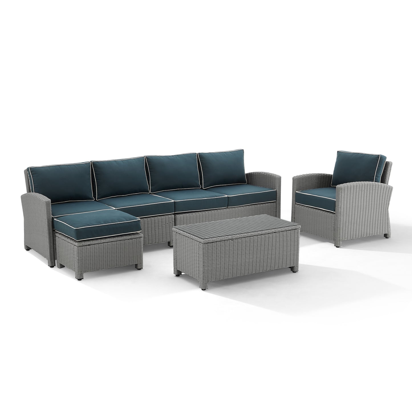 Bradenton 5Pc Outdoor Wicker Sectional Set Navy/Gray - Left Loveseat, Right Loveseat, Armchair, Coffee Table, & Ottoman