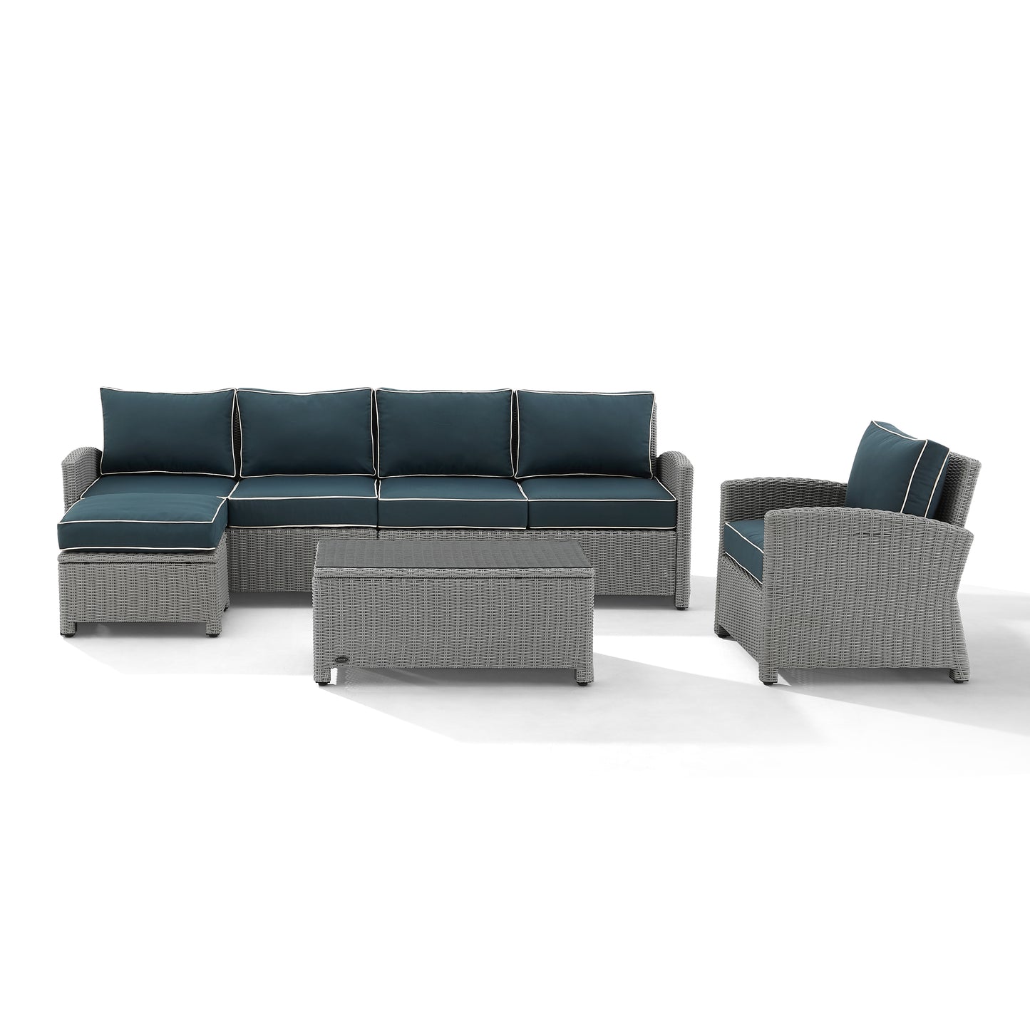 Bradenton 5Pc Outdoor Wicker Sectional Set Navy/Gray - Left Loveseat, Right Loveseat, Armchair, Coffee Table, & Ottoman